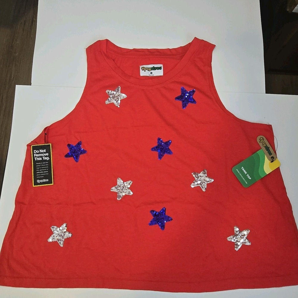 Tipsy Elves Stars of Summer Sequin Cropped Tank Top Red Women's 1X NWT